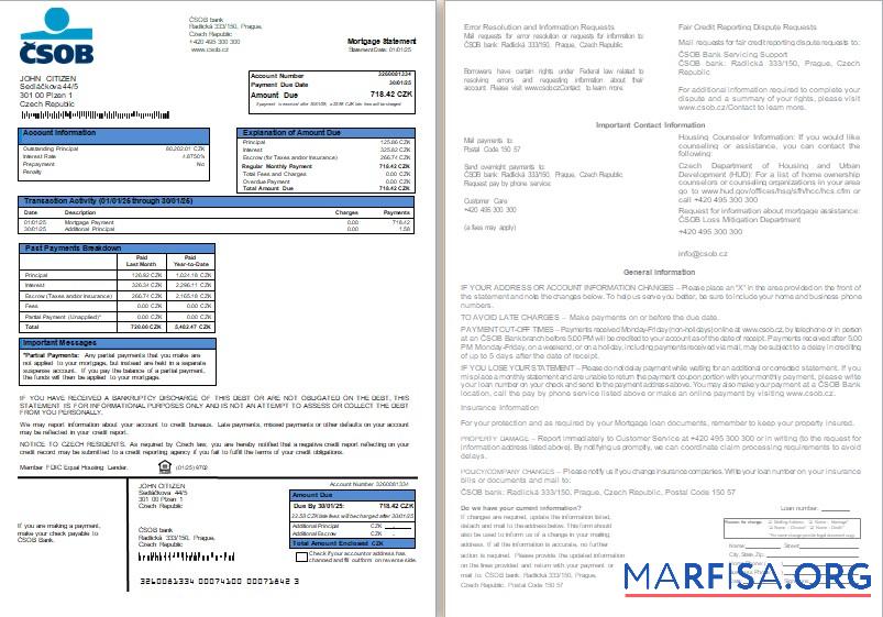 Blank Czech ČSOB bank mortgage statement, 2 pages, 1 2 scr example